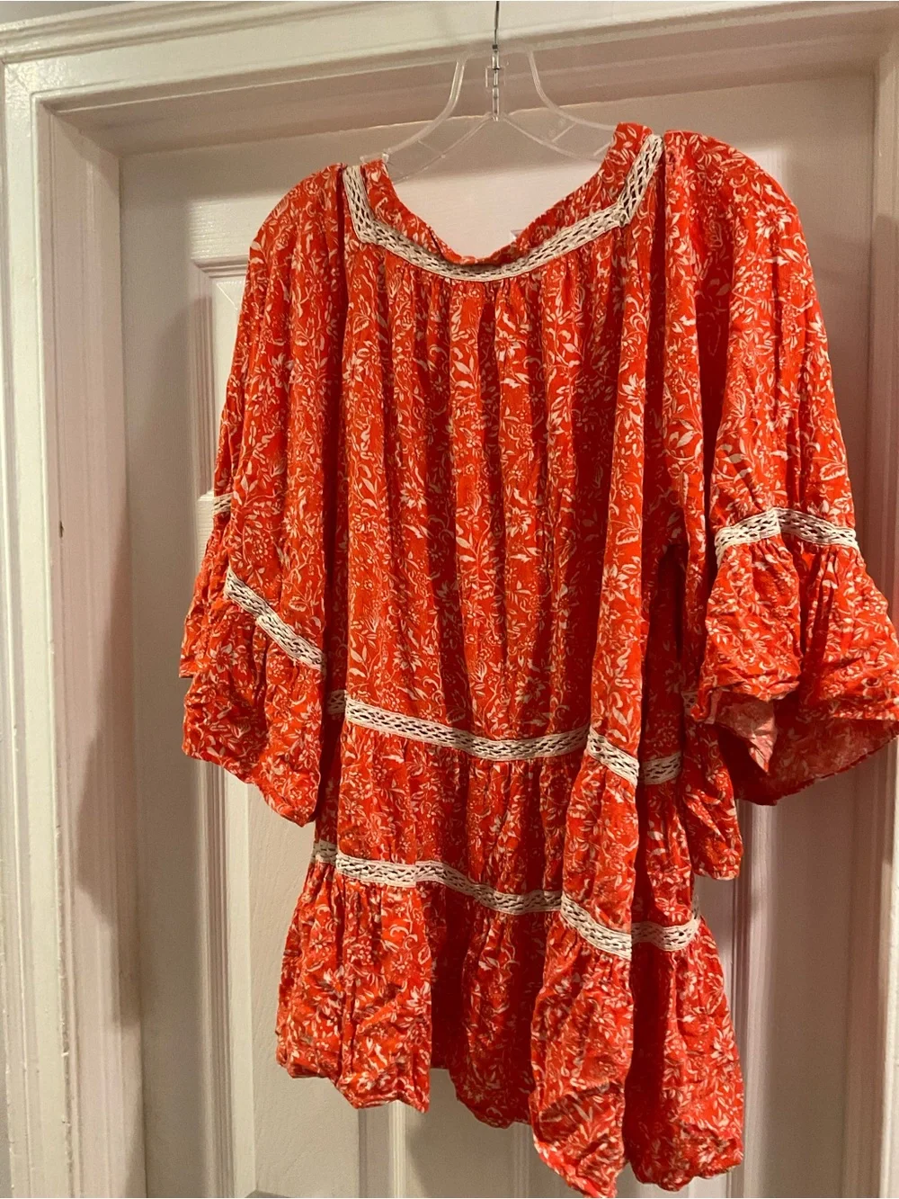 Free People Boho Orange Cream Floral Peasant Top with Lace Trim Size L